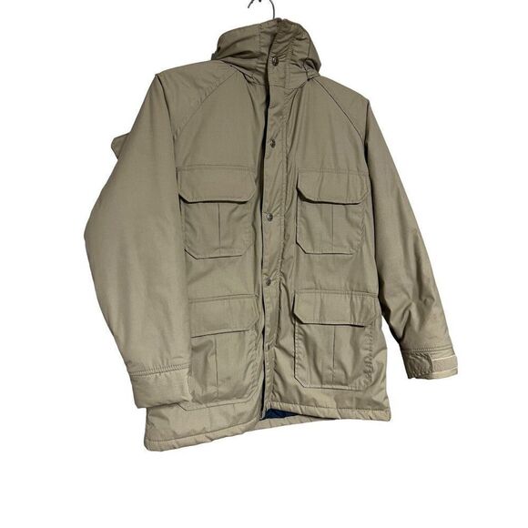 Vintage Woolrich Jacket ladies medium Beige Khaki Utility Padded Hooded Zip & Sn - Picture 1 of 10